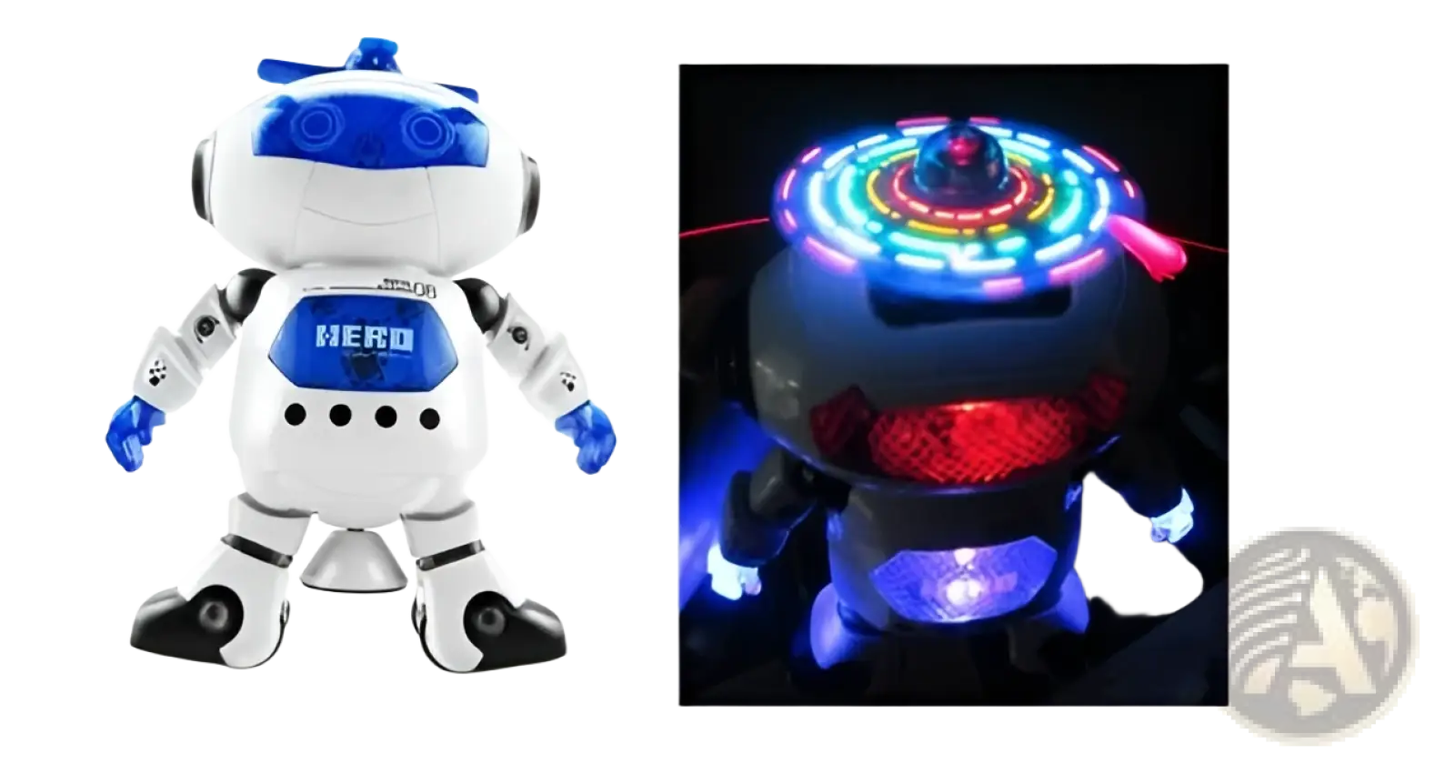 White and blue hero branded dance robot toy with articulated limbs and glowing LED lights around its head