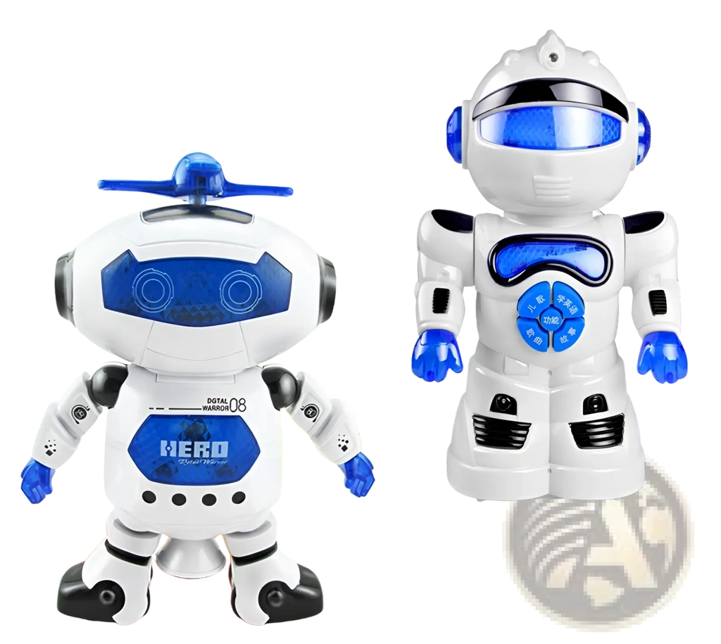 White and blue dance robot toy with led lights and music featuring glossy plastic bodies and a helicopter propeller head