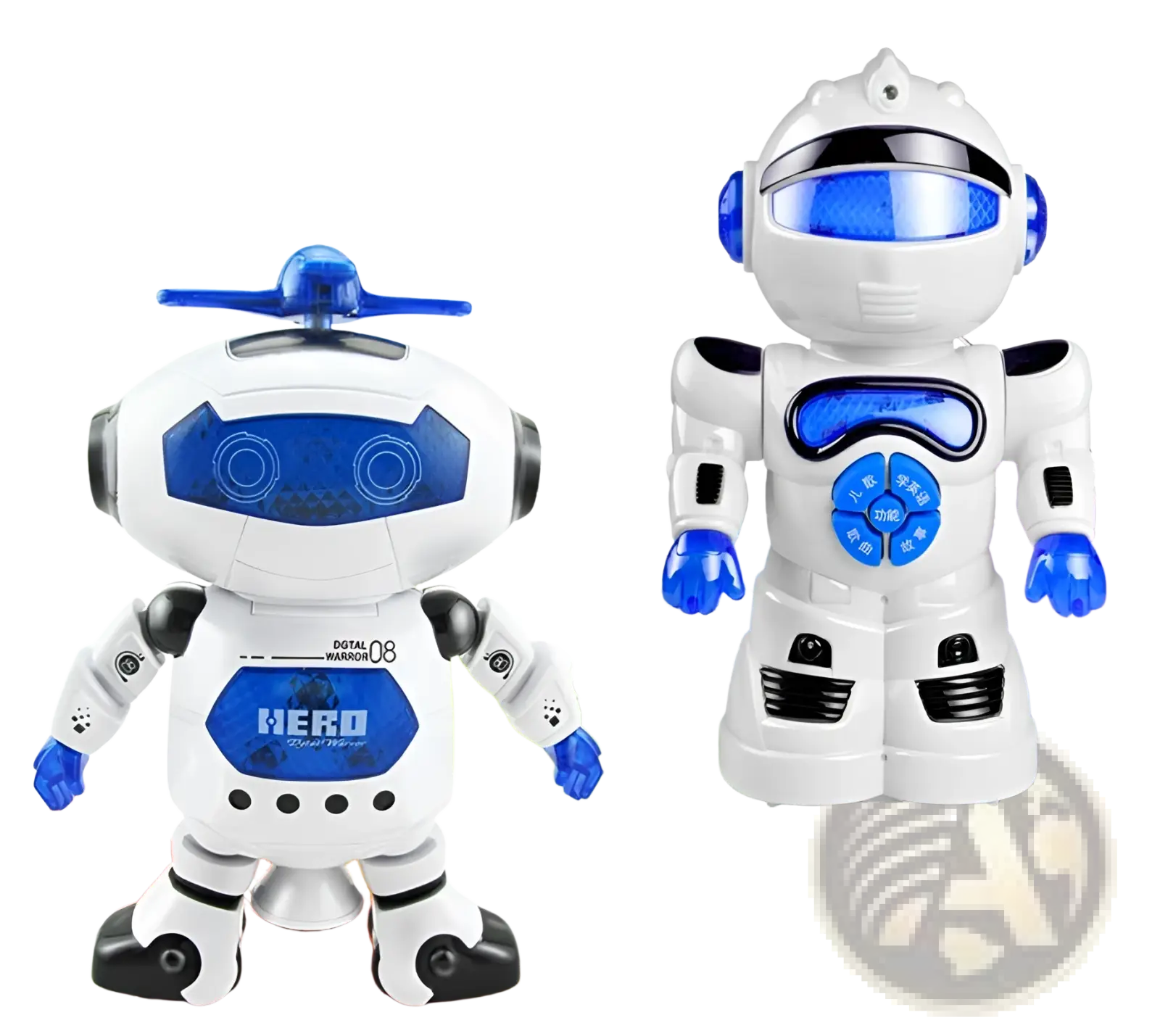 White and blue dance robot toy with led lights and music featuring glossy plastic bodies and a helicopter propeller head