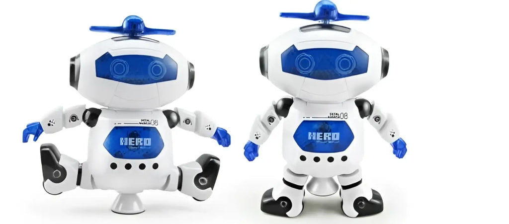 Dance robot toy in white and blue with black accents and hero logo featuring led lights and music functions