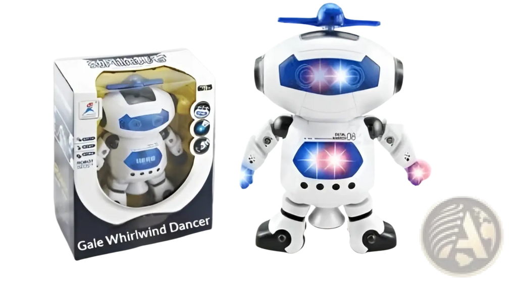 White and blue dance robot toy with led lights on head chest and hands featuring music and interactive play