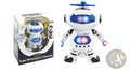 White and blue dance robot toy with led lights on head chest and hands featuring music and interactive play