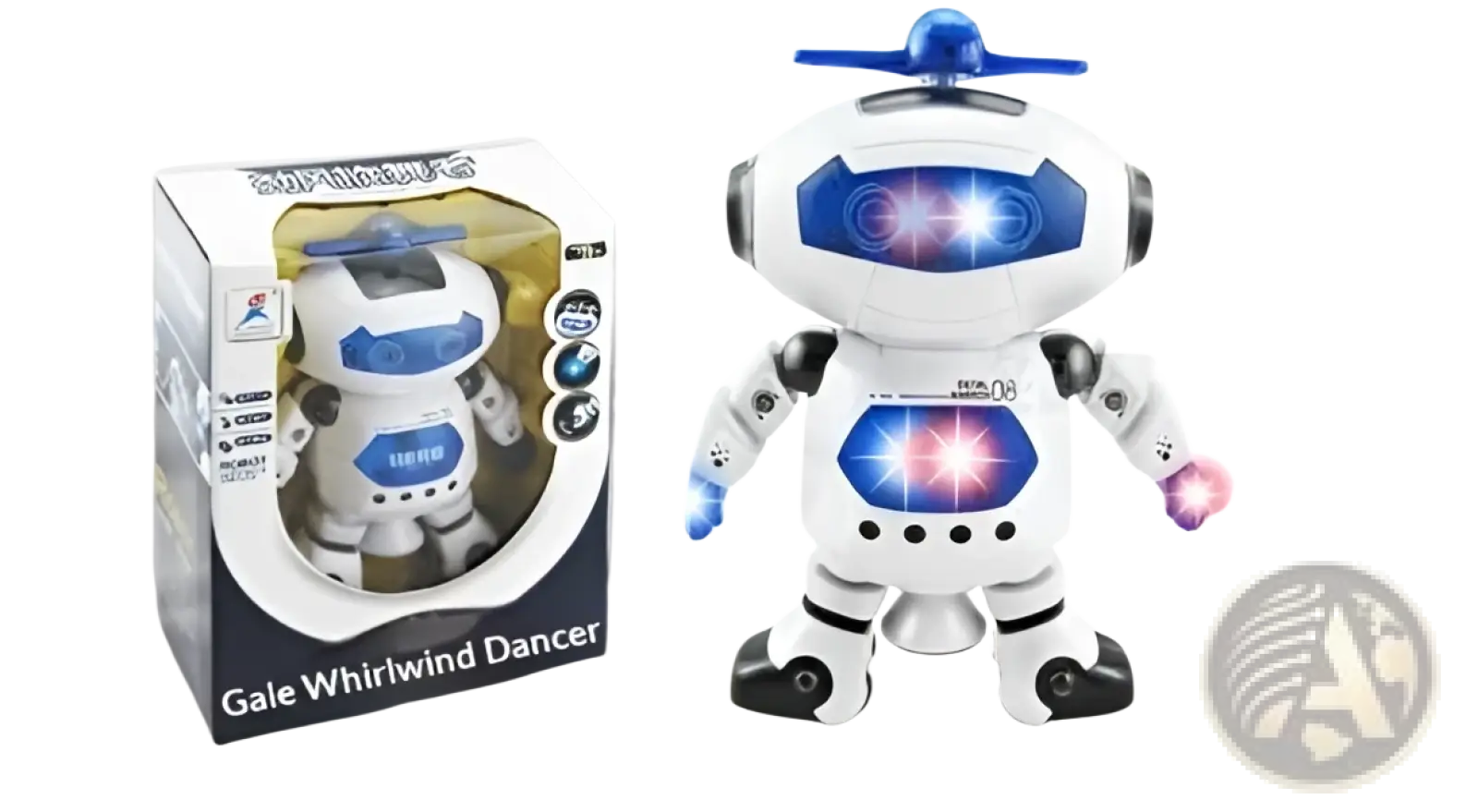 White and blue dance robot toy with led lights on head chest and hands featuring music and interactive play