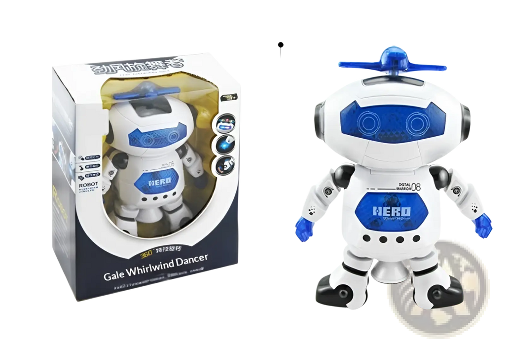 White and blue dance robot toy with hero branding featuring led lights music articulated limbs and glowing eyes