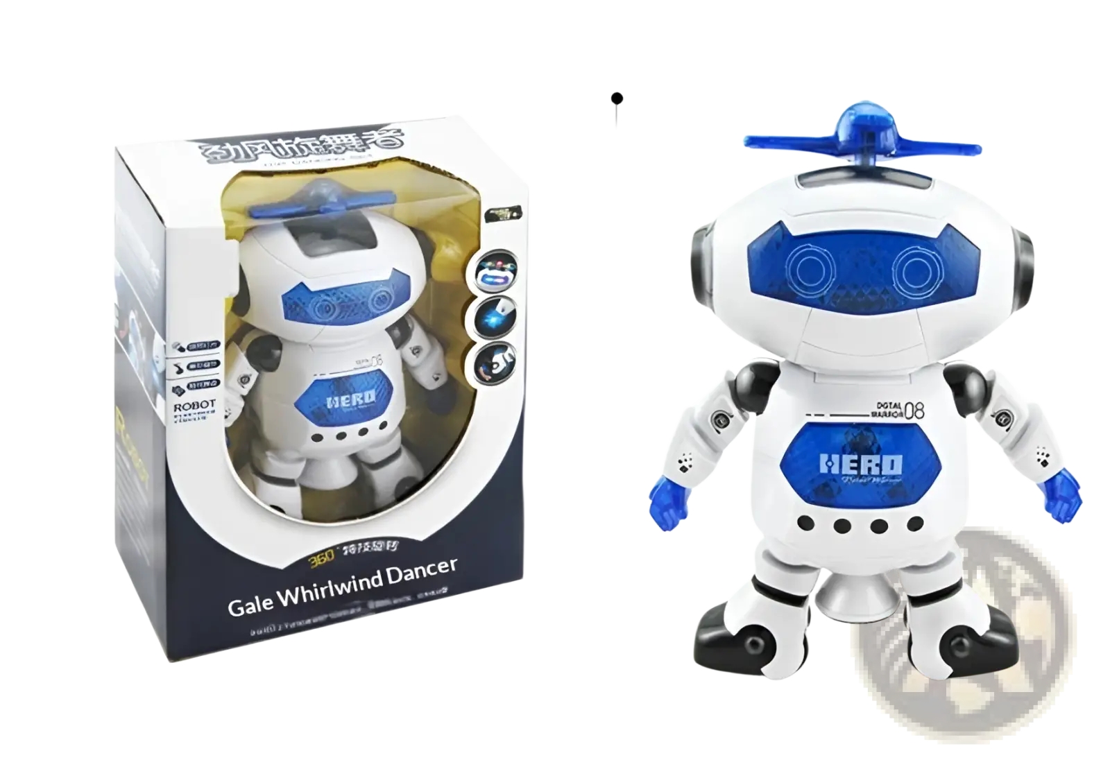 White and blue dance robot toy with hero branding featuring led lights music articulated limbs and glowing eyes