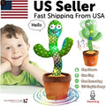 A plush green dancing cactus toy with led lights and a smiling face in an orange pot with 120 songs