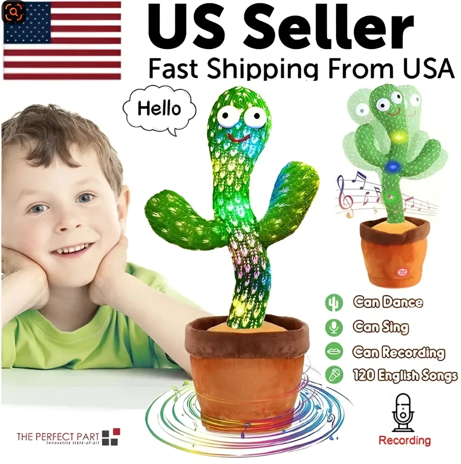 A plush green dancing cactus toy with led lights and a smiling face in an orange pot with 120 songs