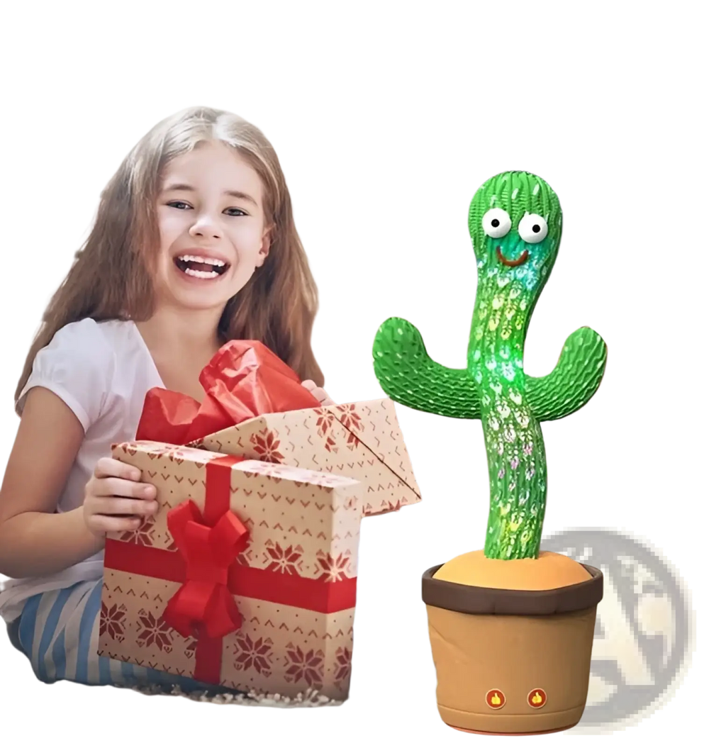 Green animated dancing cactus plush toy with sparkling texture smiling face led lights and 120 songs in brown pot