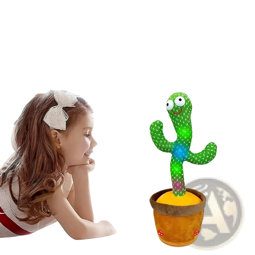 A green plush dancing cactus toy with led lights and a smiling face in an orange pot featuring 120 songs