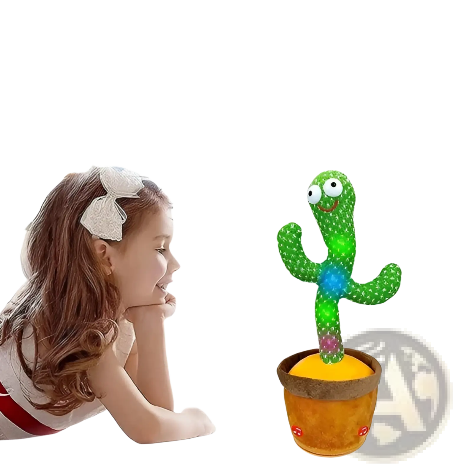 A green plush dancing cactus toy with led lights and a smiling face in an orange pot featuring 120 songs