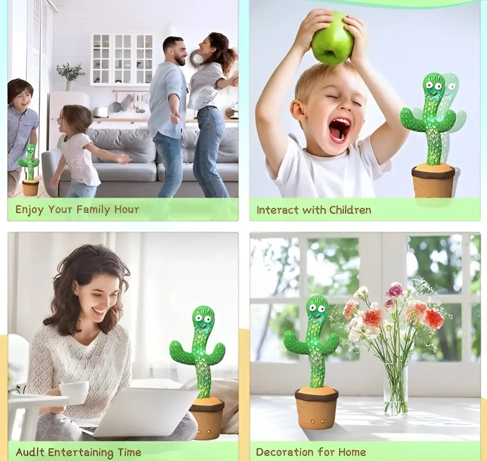 Green animated cactus plush toy with googly eyes brown pot base featuring 120 songs and led lights