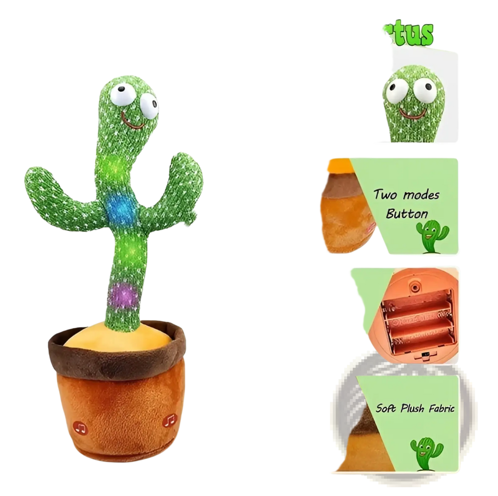 Green plush dancing cactus toy with big eyes colorful led lights seated in brown fabric pot with 120 songs