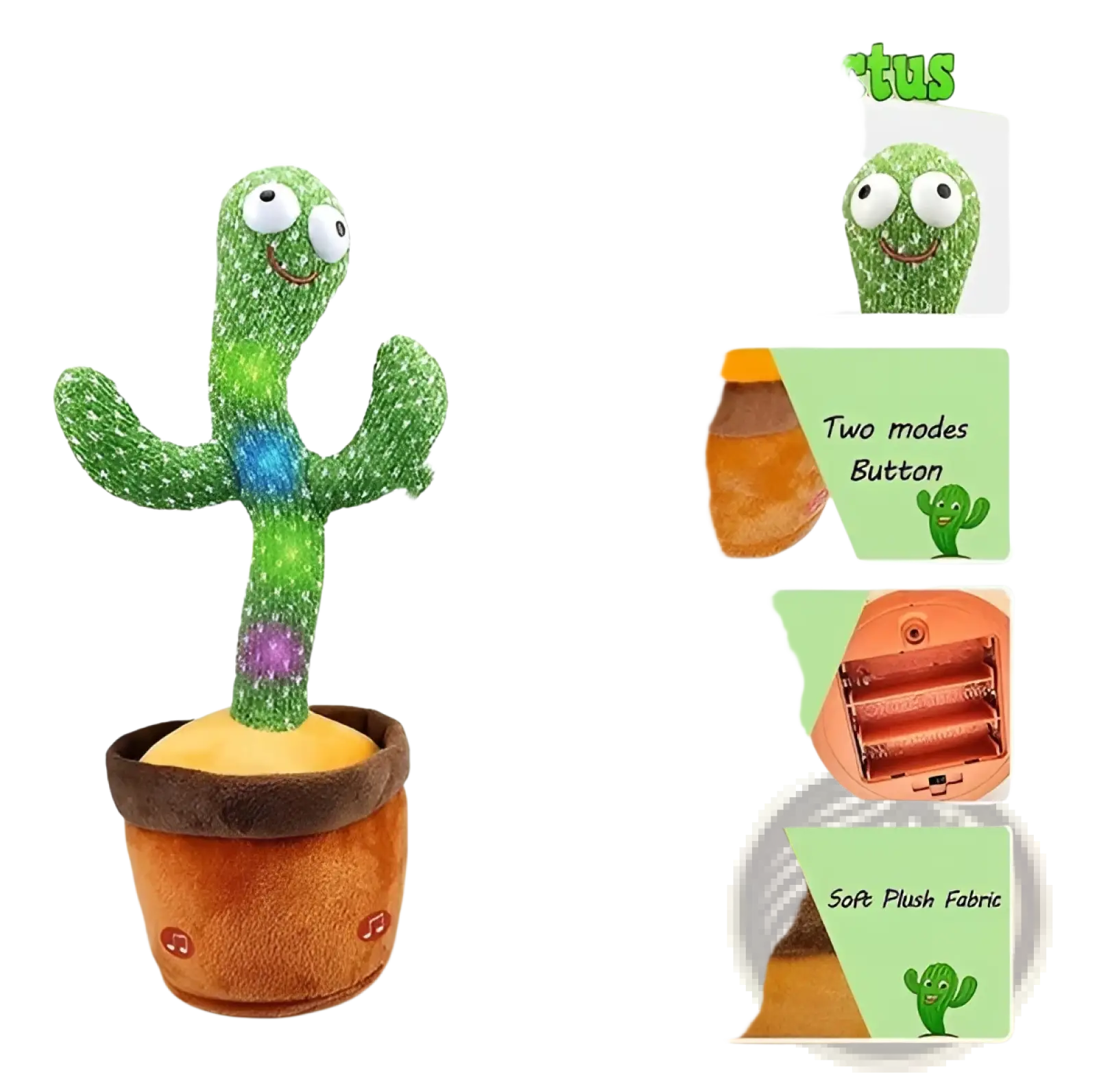 Green plush dancing cactus toy with big eyes colorful led lights seated in brown fabric pot with 120 songs