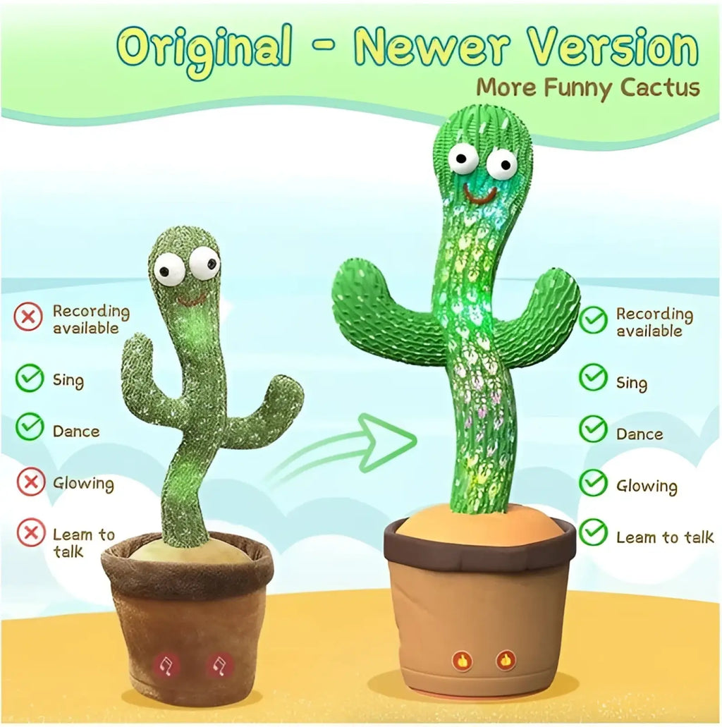Green plush dancing cactus toy with sparkling texture, cartoon eyes, 120 songs, led lights, and talking feature