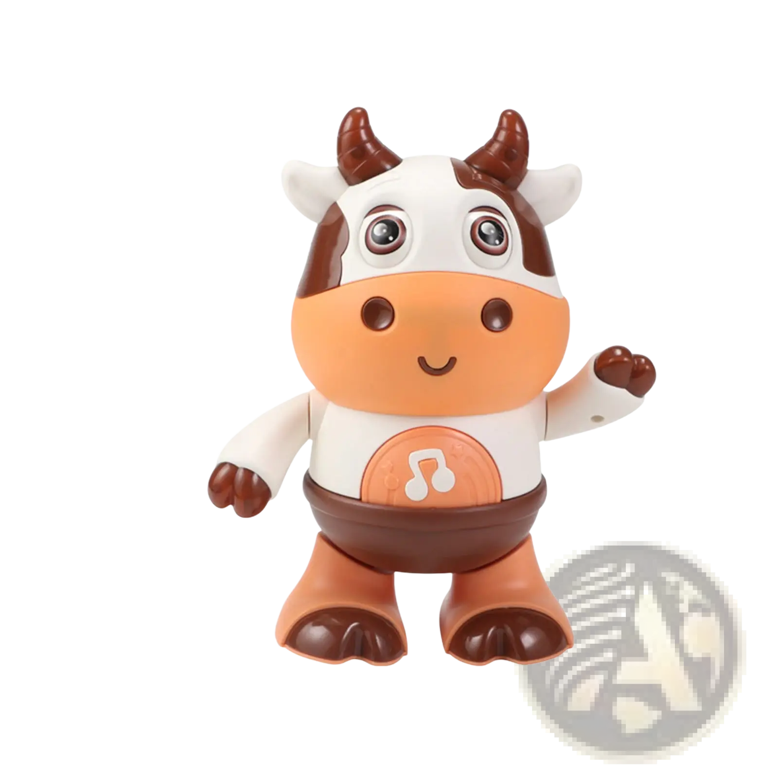 A 22cm tall plastic dancing cow musical robot toy with white and brown spots and an orange snout and belly patch