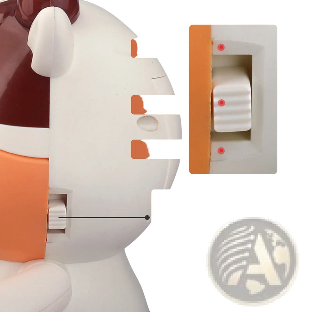 Cute white and maroon plush Dancing Cow Musical Robot Toy with orange accents and a single button switch for mode control