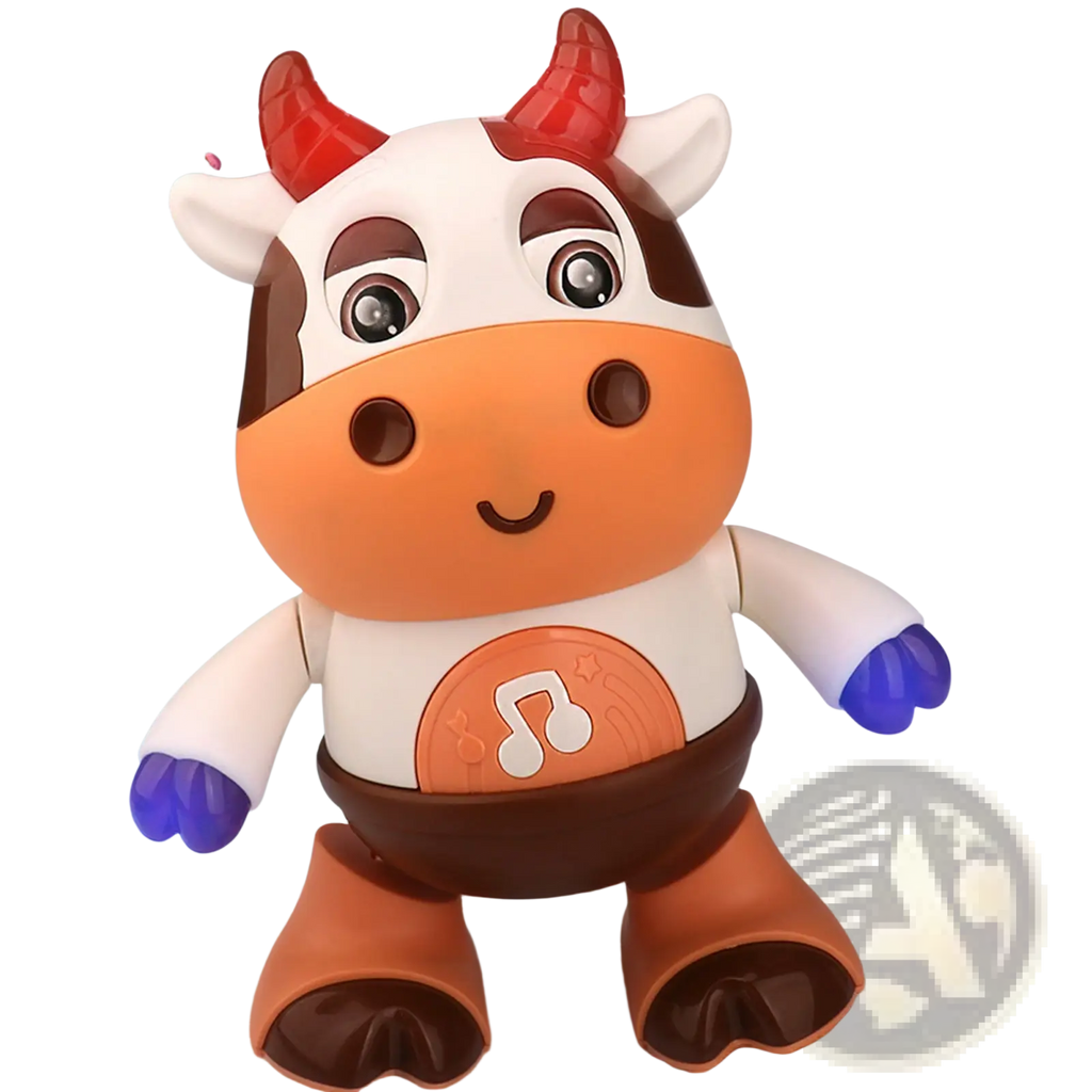 Dancing cow musical robot toy in white and orange with red horns blue hands and a musical note emblem on its belly