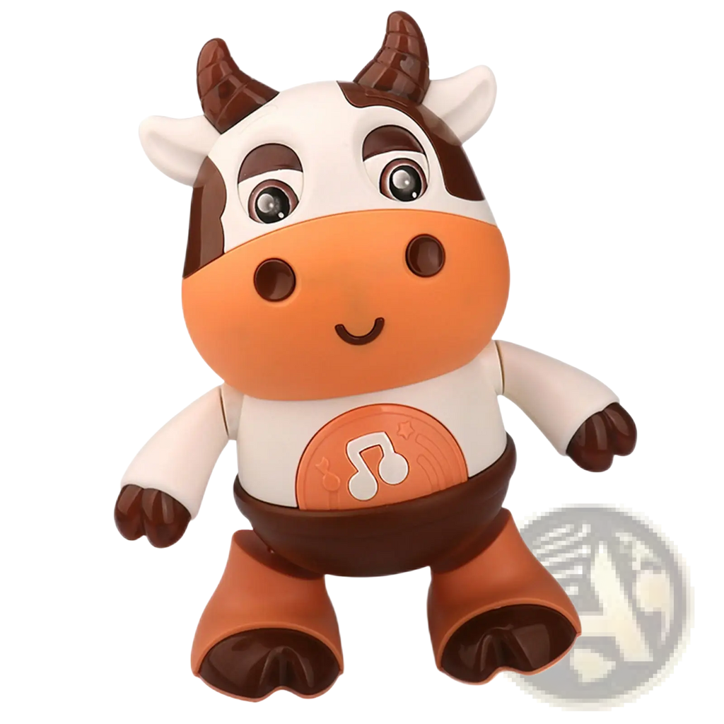 Cute brown and white plastic dancing cow musical robot toy with orange snout wearing a music note shirt
