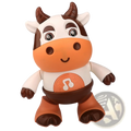 Cute brown and white plastic dancing cow musical robot toy with orange snout wearing a music note shirt