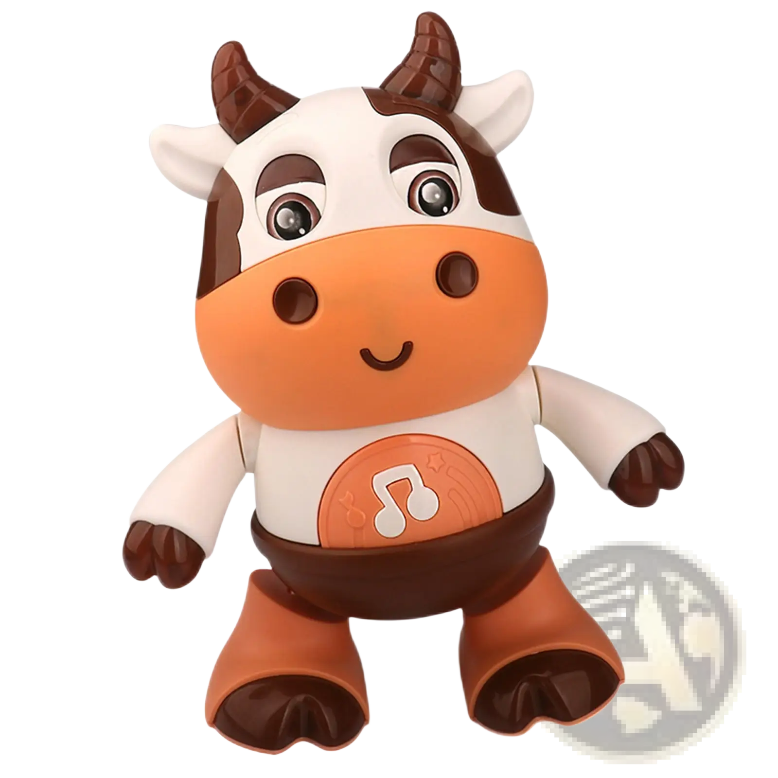 Cute brown and white plastic dancing cow musical robot toy with orange snout wearing a music note shirt