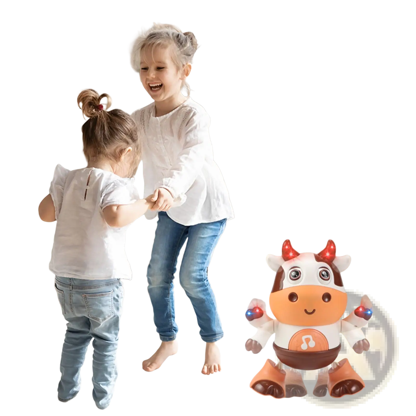 A cheerful orange and brown dancing cow musical robot toy with red horns blue lights and a musical note emblem