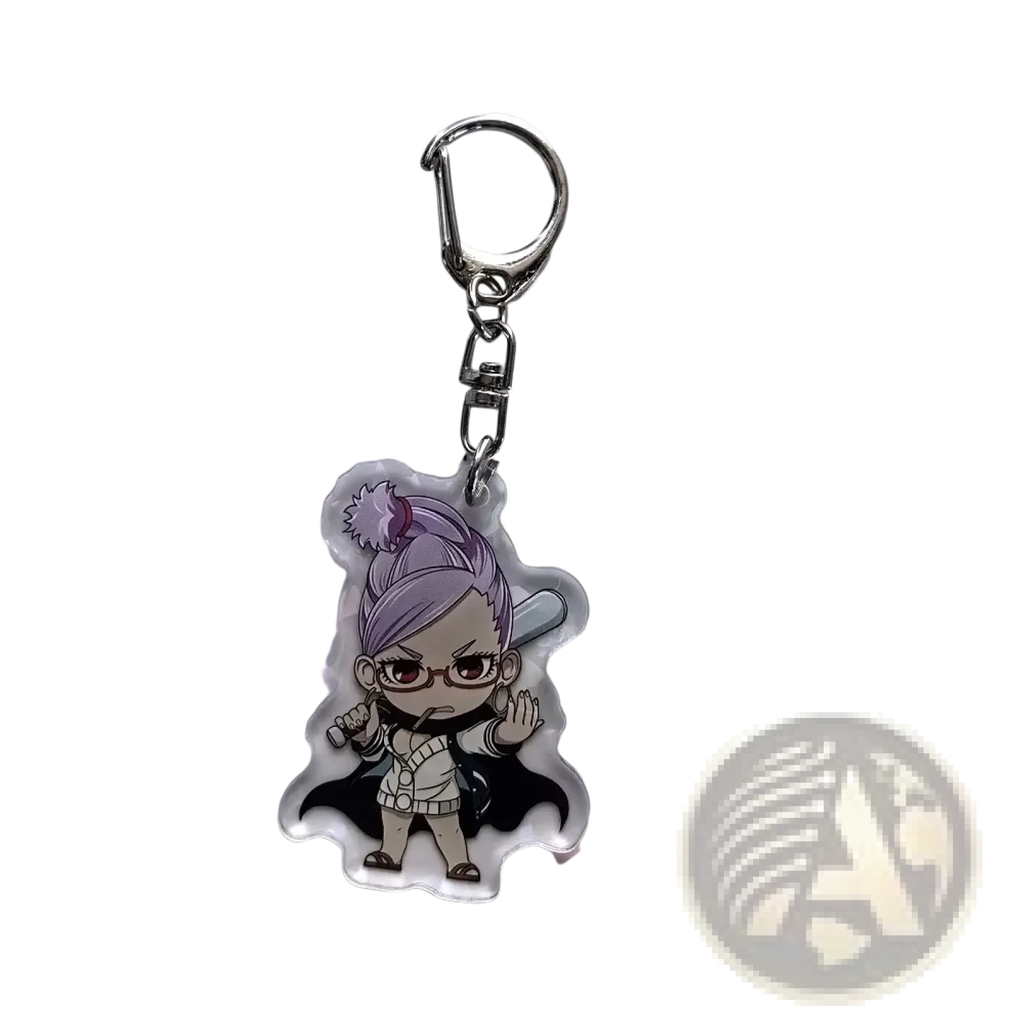 Clear acrylic keychain featuring a chibi-style anime character momo with purple hair glasses and black cape from dandadan