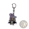 Clear acrylic keychain featuring a chibi-style anime character momo with purple hair glasses and black cape from dandadan