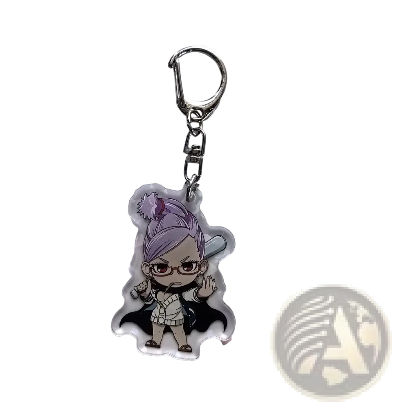 Clear acrylic keychain featuring a chibi-style anime character momo with purple hair glasses and black cape from dandadan