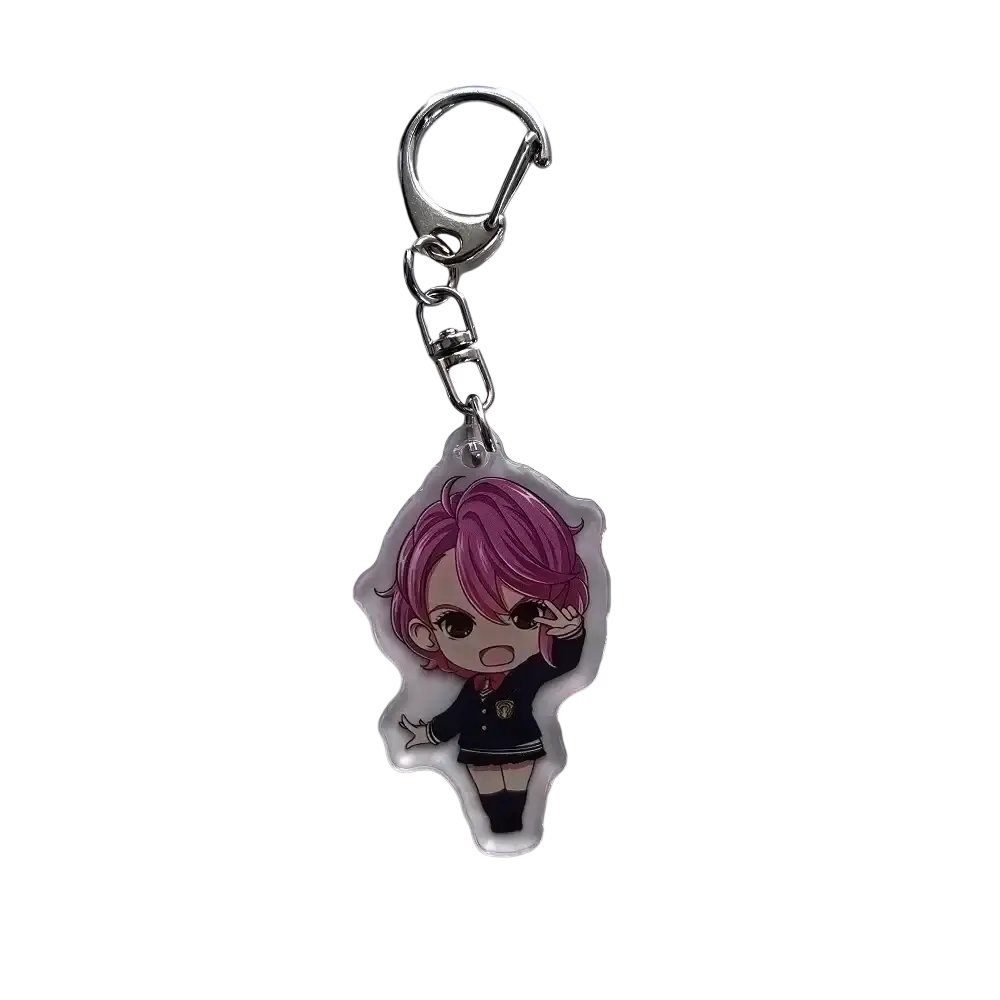 Clear acrylic dandadan anime keychain featuring chibi momo with pink hair and black uniform on silver clasp
