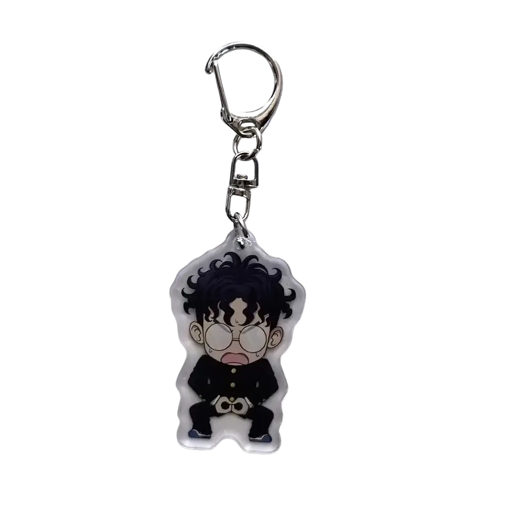Clear acrylic dandadan anime keychain featuring momo chibi with black curly hair round glasses and black outfit