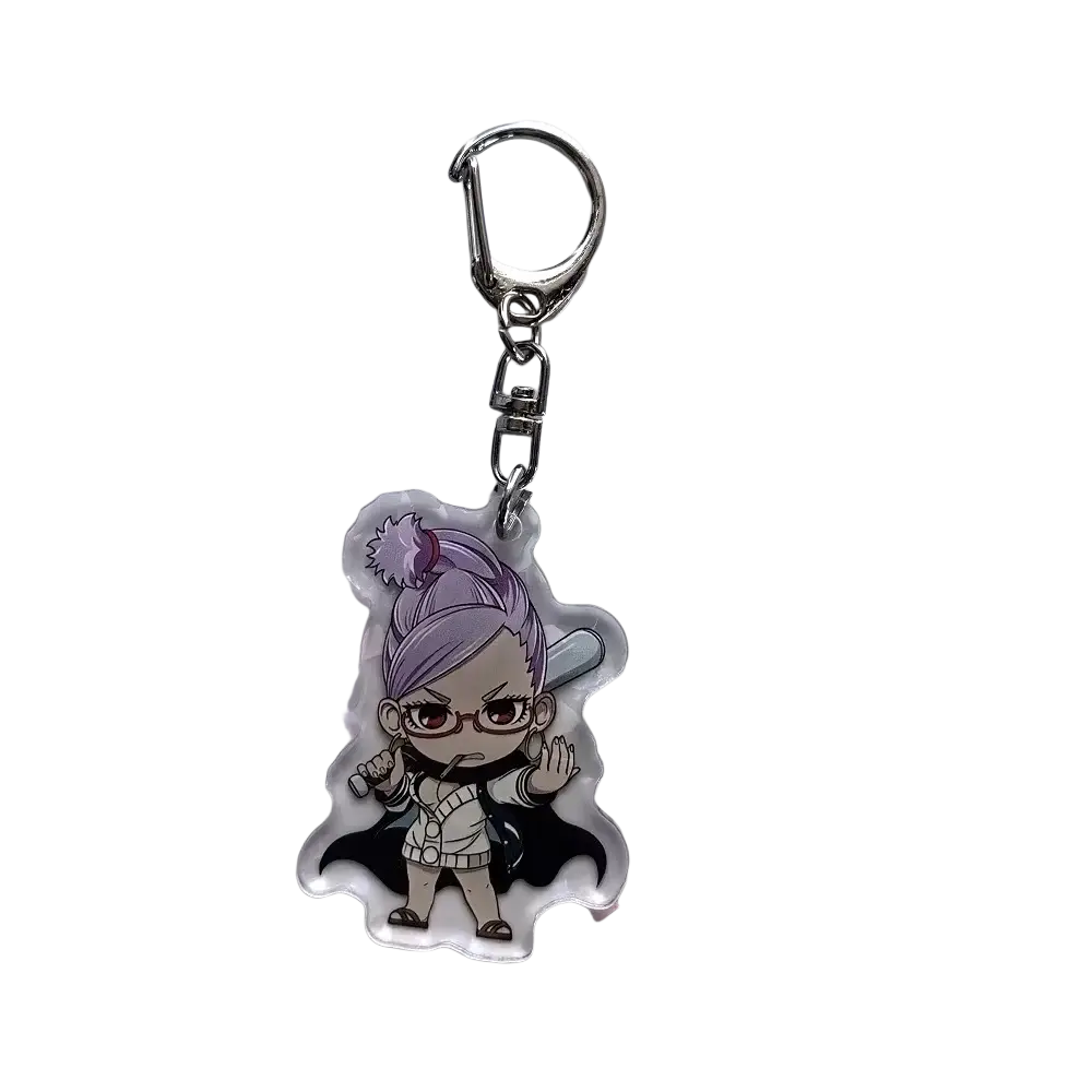 Clear acrylic keychain featuring a chibi-style anime character momo with purple hair glasses and black cape from dandadan