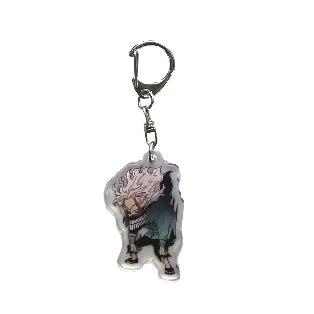 Clear acrylic dandadan anime keychain featuring chibi momo with spiky white hair and dark clothing attached to silver clasp