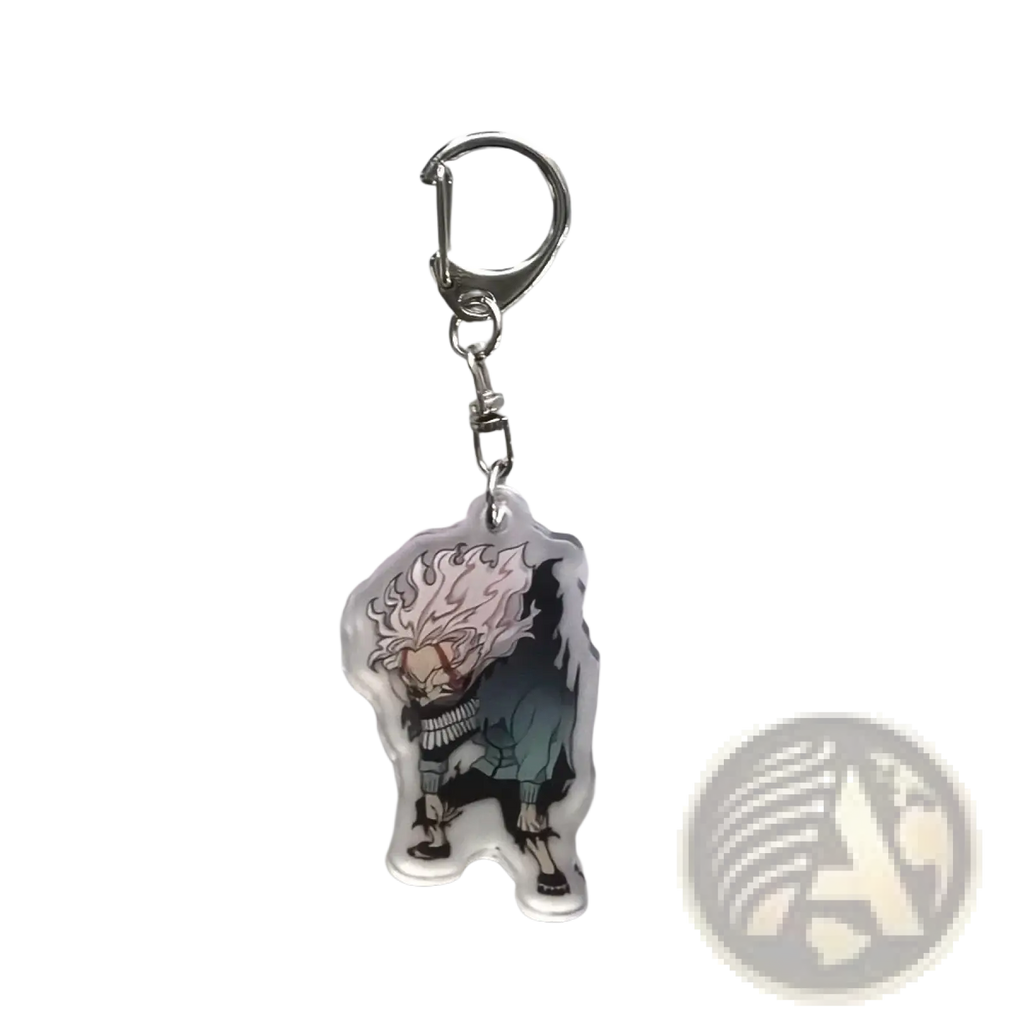 Clear acrylic dandadan anime keychain featuring stylized white-haired character with dark clothing and silver clasp