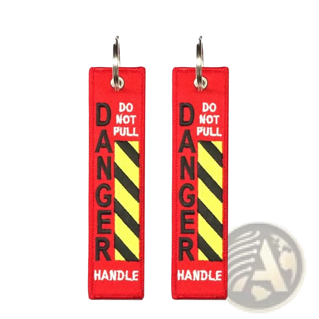Red embroidered danger warning keychain tags with black and yellow stripes for jdm motorcycle key ring use