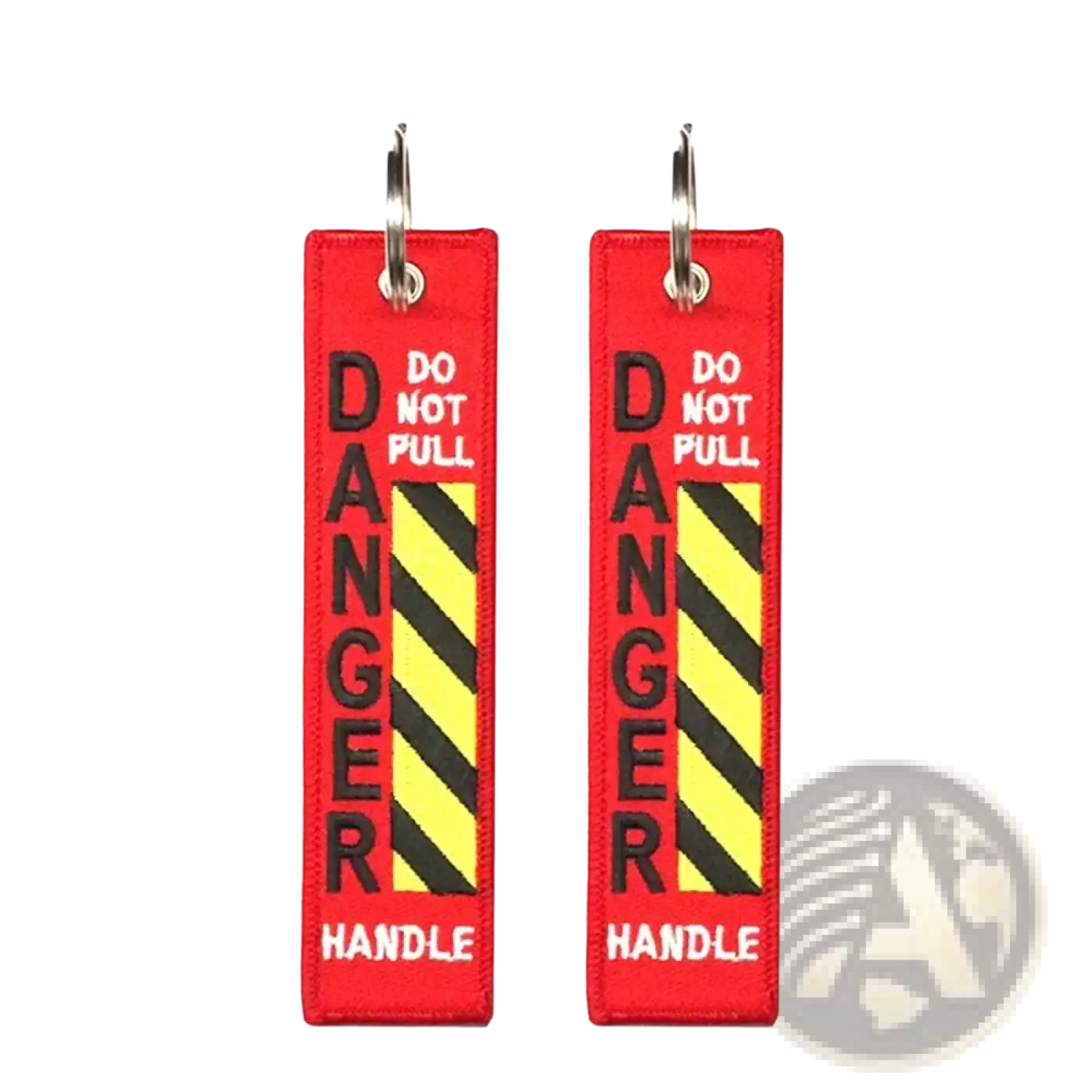 Red embroidered danger warning keychain tags with black and yellow stripes for jdm motorcycle key ring use