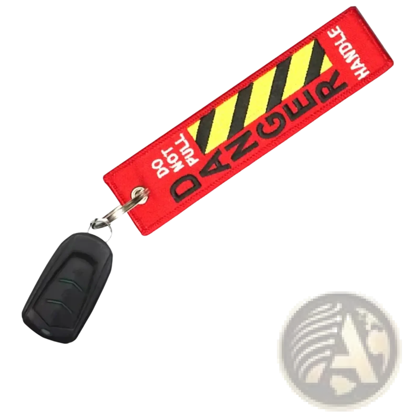 Red embroidered aviation warning tag keychain with black and yellow stripes and handle with care text for jdm motorcycle use