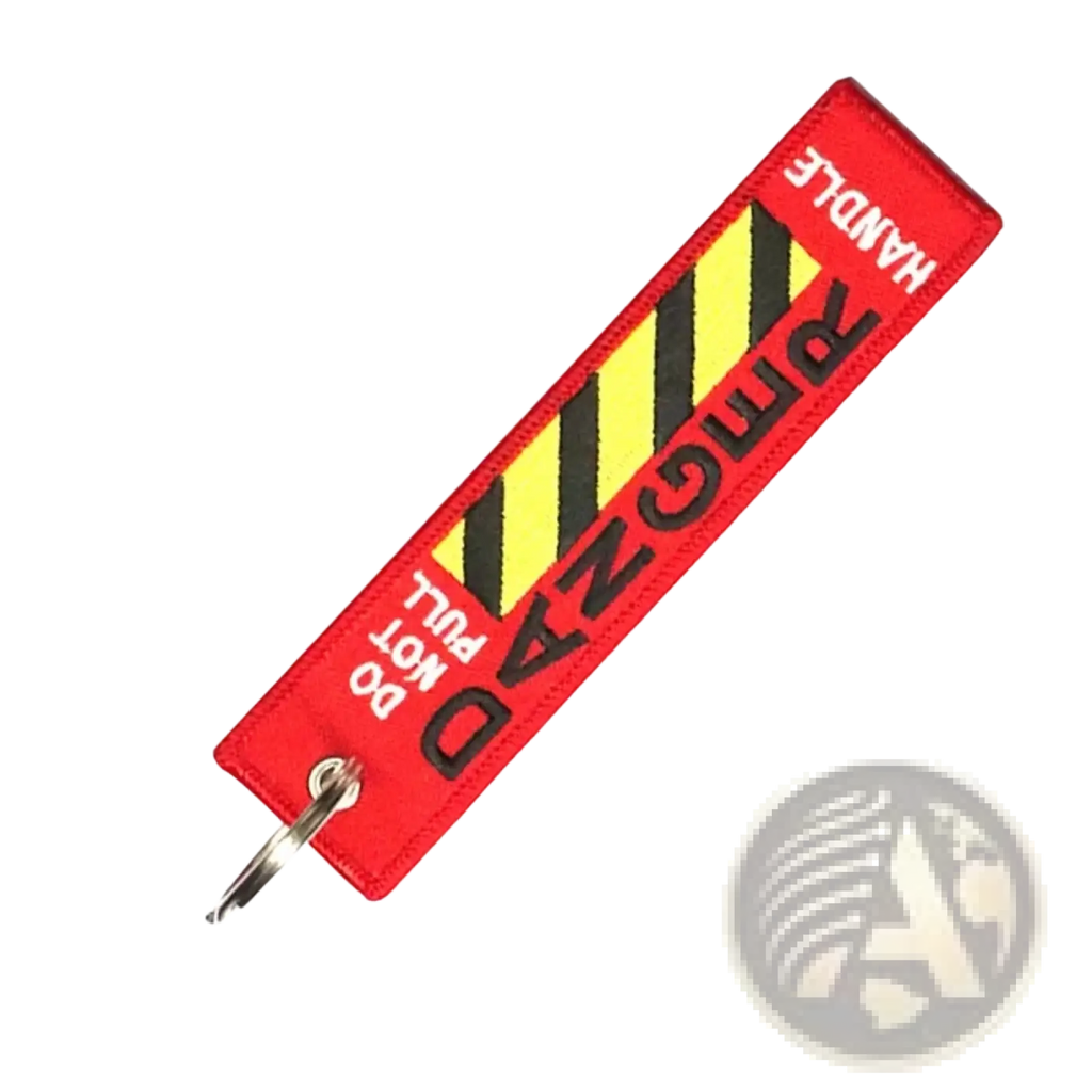Red embroidered danger warning keychain with black and yellow stripes and handle with care do not pull text for JDM motorcycle use