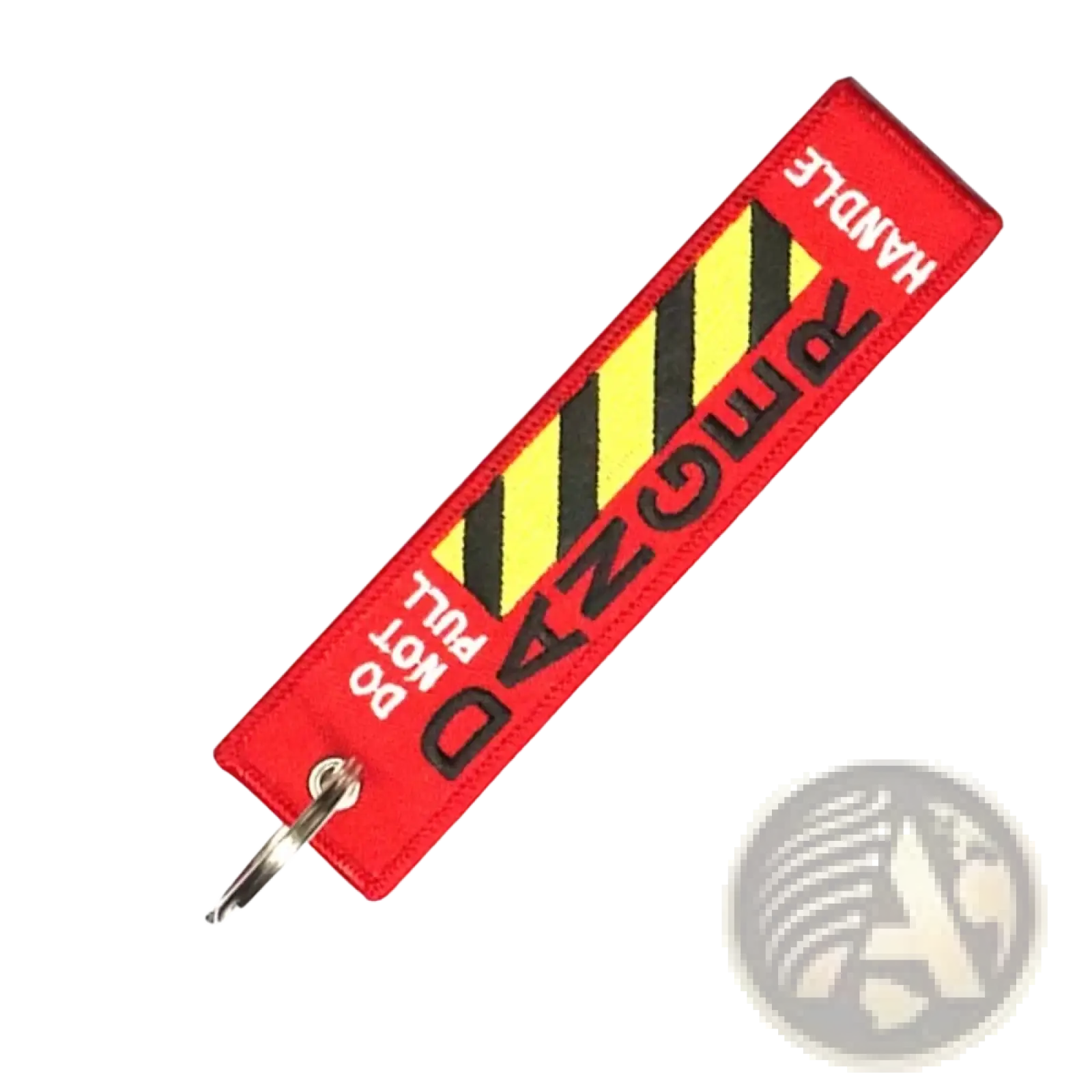 Red embroidered danger warning keychain with black and yellow stripes and handle with care do not pull text for JDM motorcycle use