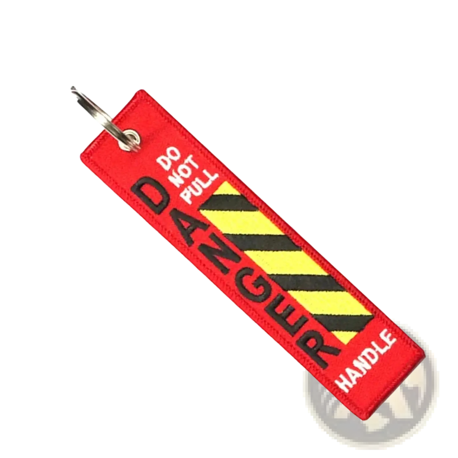Red embroidered danger warning embroidery keychain with black and yellow hazard stripes and do not pull danger handle text