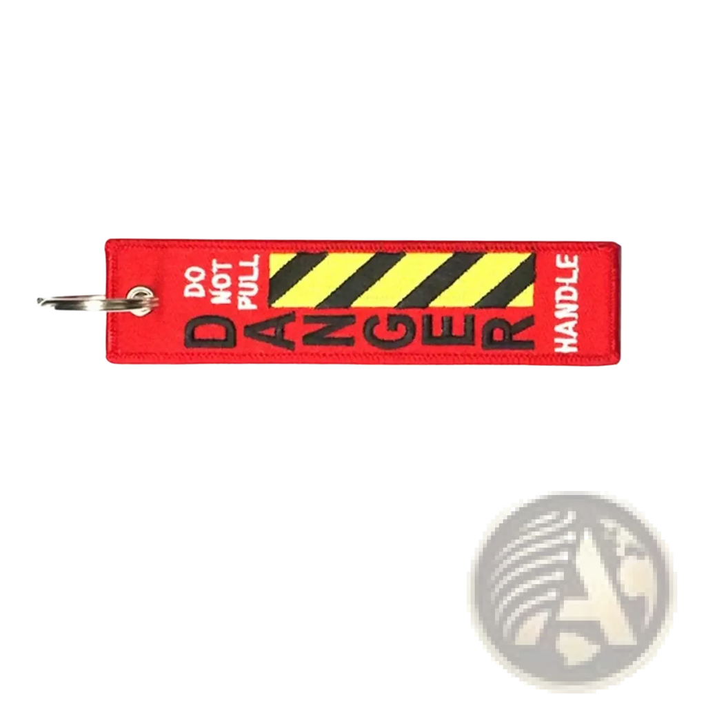 Reddish embroidered danger warning embroidery keychain with black yellow hazard stripes for jdm motorcycle use