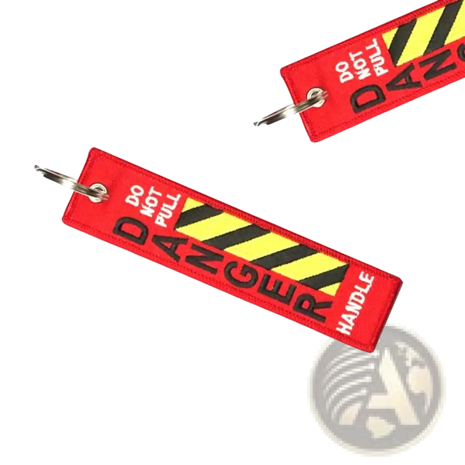 Red embroidered aviation warning keychain with bold black danger lettering and yellow black striped hazard pattern for jdm motorcycle use