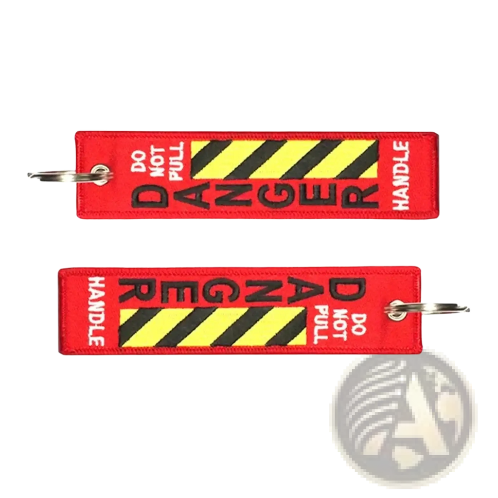Red embroidered danger warning keychain with black and yellow hazard stripes for JDM motorcycle key ring use