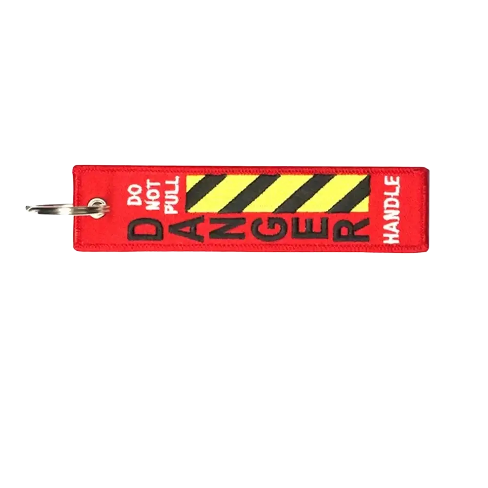 Reddish embroidered danger warning embroidery keychain with black yellow hazard stripes for jdm motorcycle use