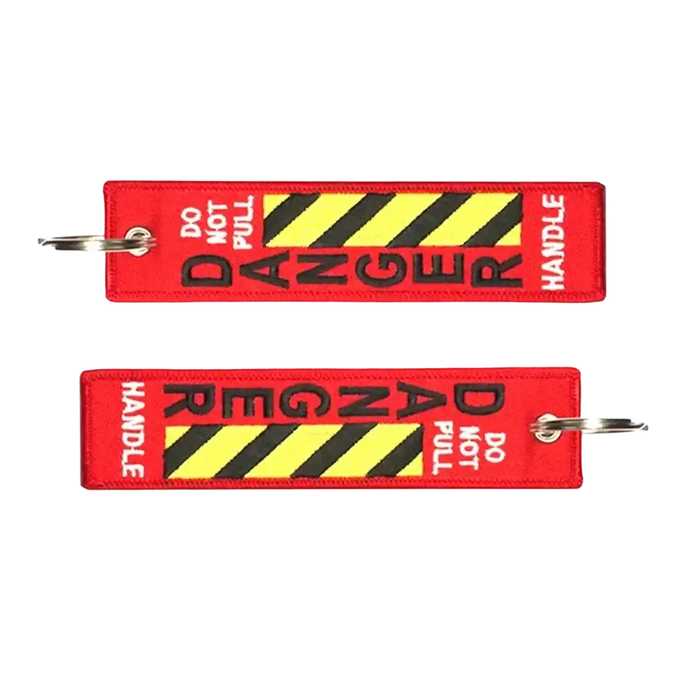 Red embroidered danger warning keychain with black and yellow hazard stripes for JDM motorcycle key ring use