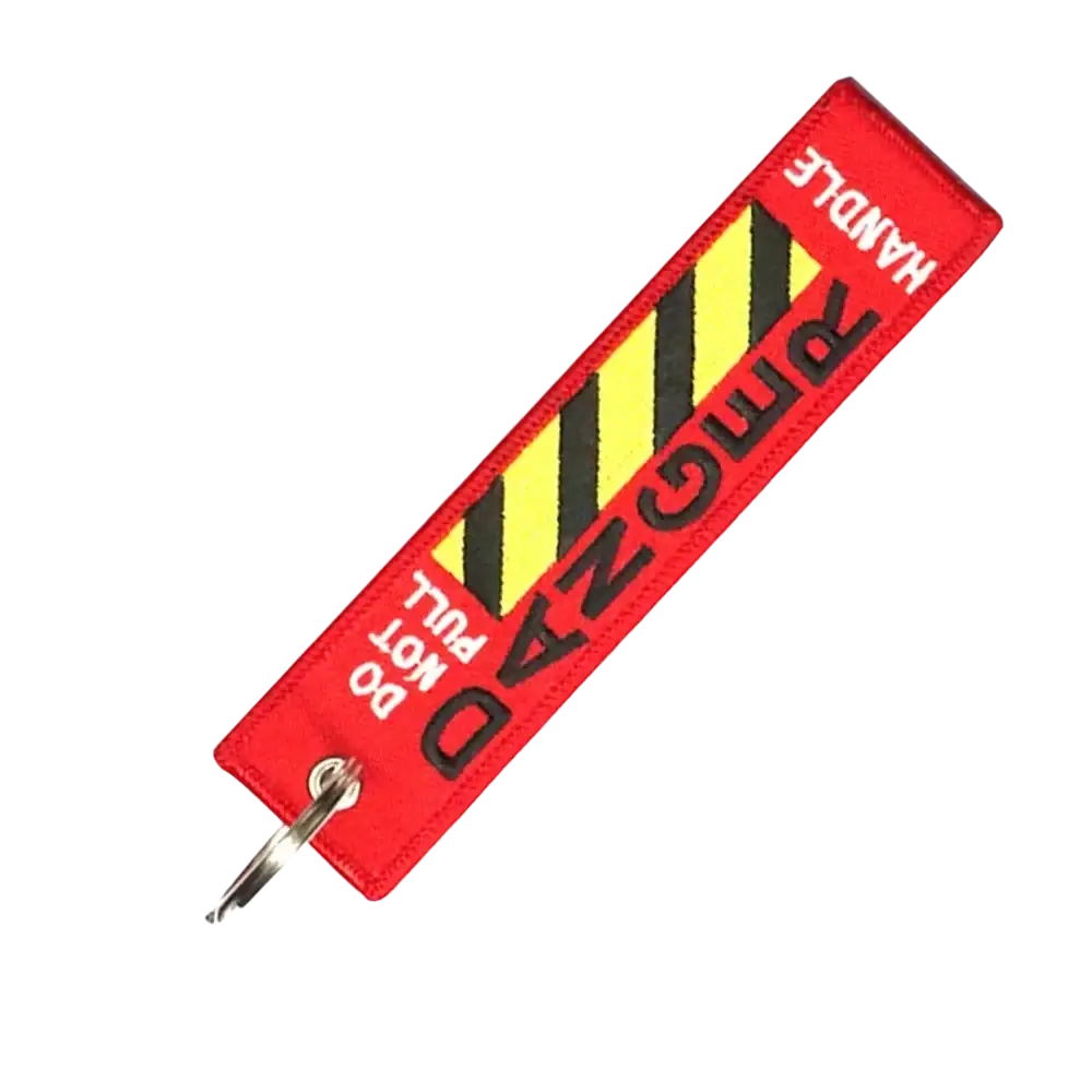 Red embroidered danger warning keychain with black and yellow stripes and handle with care do not pull text for JDM motorcycle use