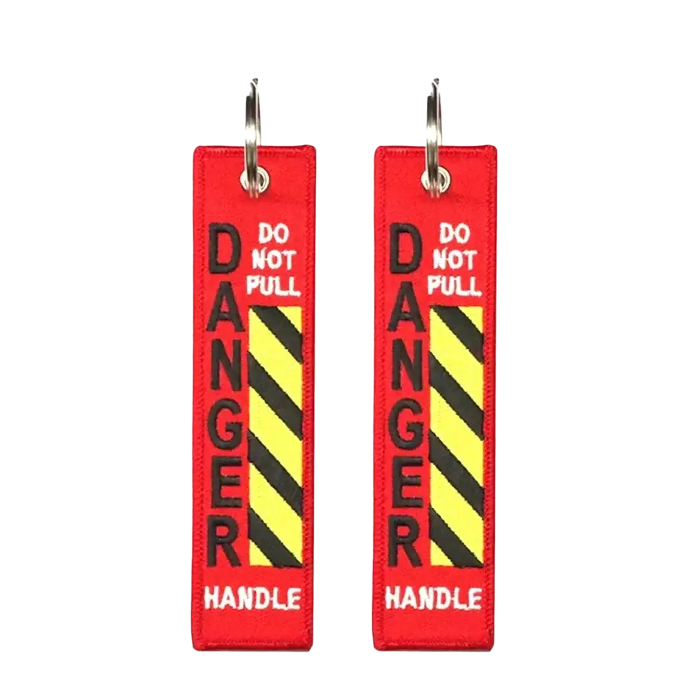 Red embroidered danger warning keychain tags with black and yellow stripes for jdm motorcycle key ring use