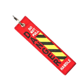 Red embroidered danger warning embroidery keychain with black and yellow hazard stripes and do not pull danger handle text