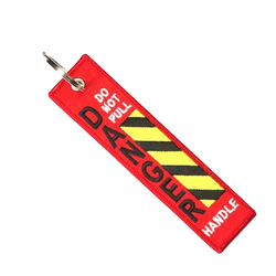 Red embroidered danger warning embroidery keychain with black and yellow hazard stripes and do not pull danger handle text