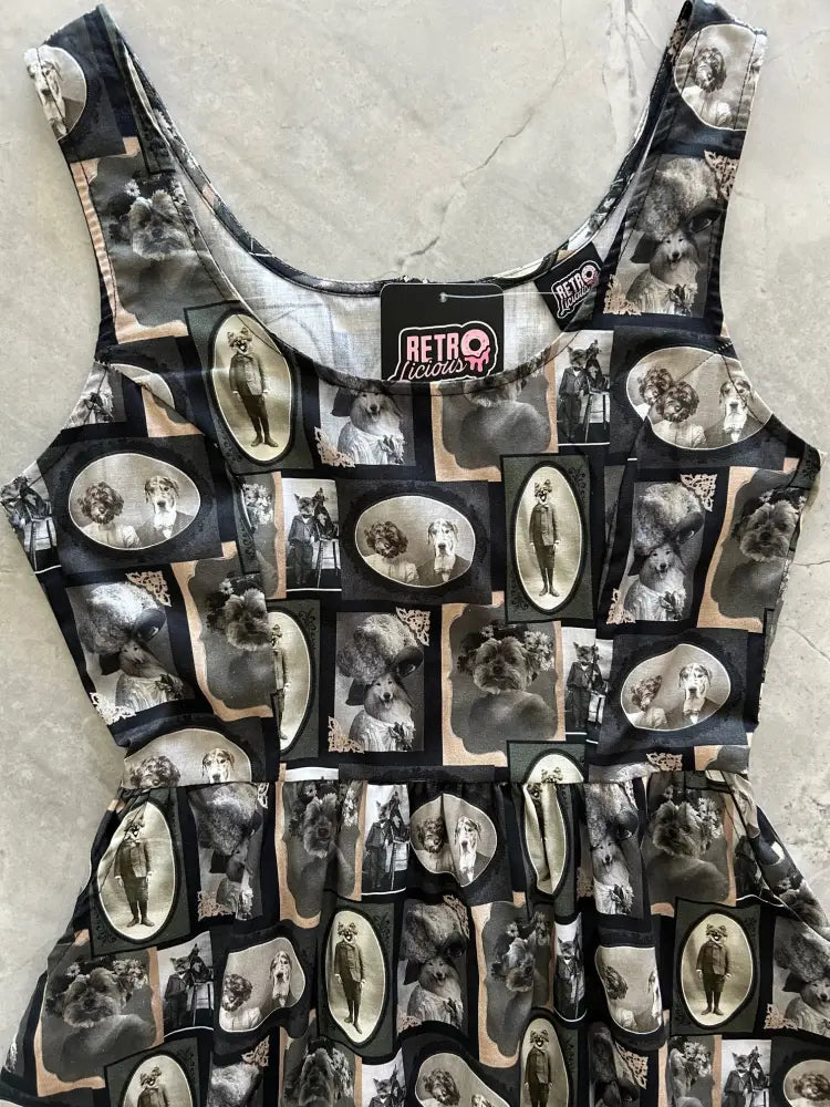 Dapper Dogs vintage fit and flare cotton dress with pockets featuring retro moccasins black and sepia toned print
