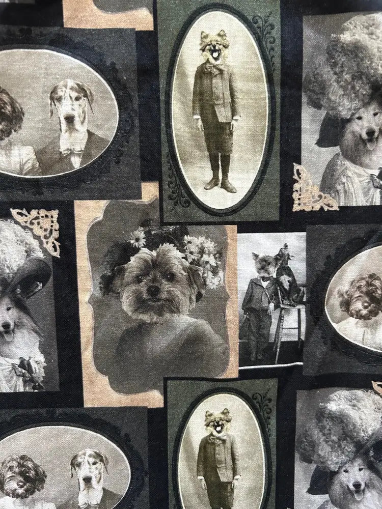 Dapper dogs vintage fit and flare cotton dress with pockets featuring sepia portrait dogs in ornate frames